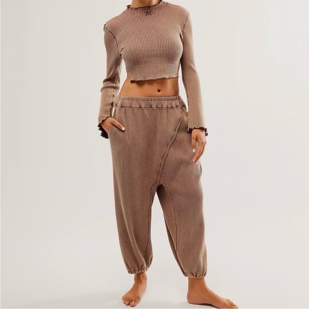 Women's Intimately Free People Brown Waffle Knit Crop Long Sleeve Pant Set Boho
